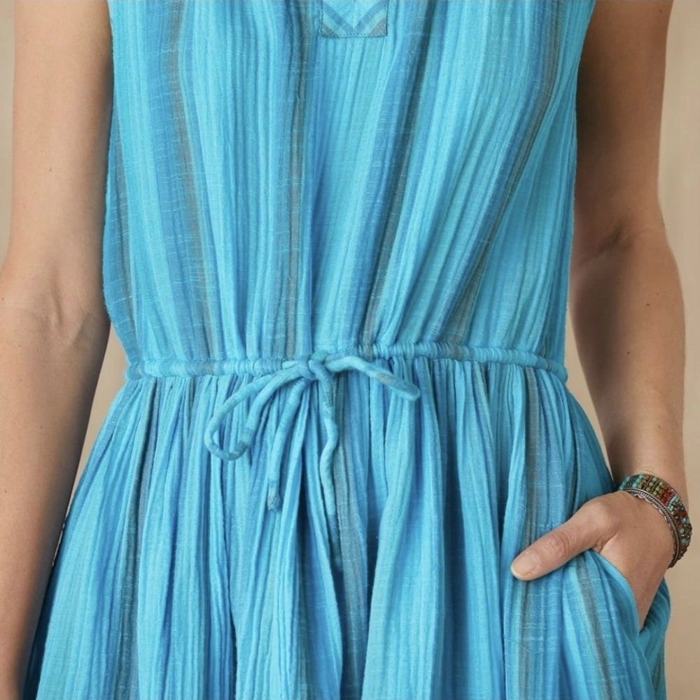 NWT Sundance Turquoise Blue Sleeveless Dress With Tie - 100% Cotton - Picture 3 of 11